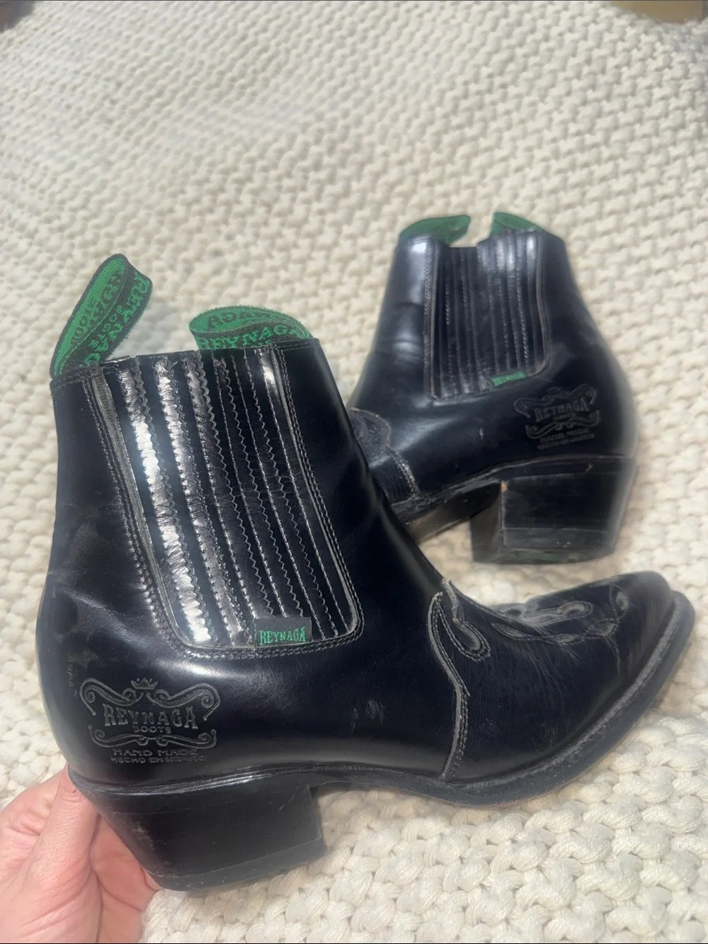Vaqueros Black Leather Ankle Booties with Green Accents - Picture 1 of 1